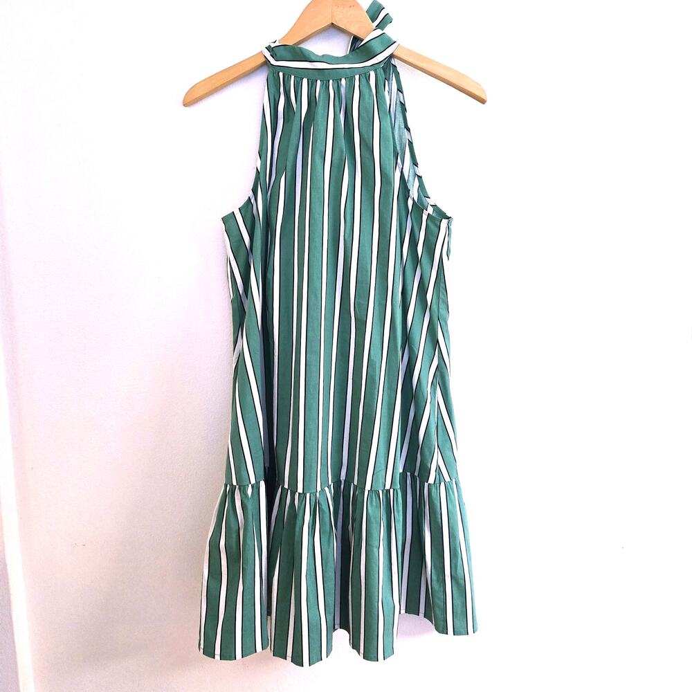 Rachel Zoe Green & White Striped Halter Tie Neck Ruffle Hem Mini Dress Size M